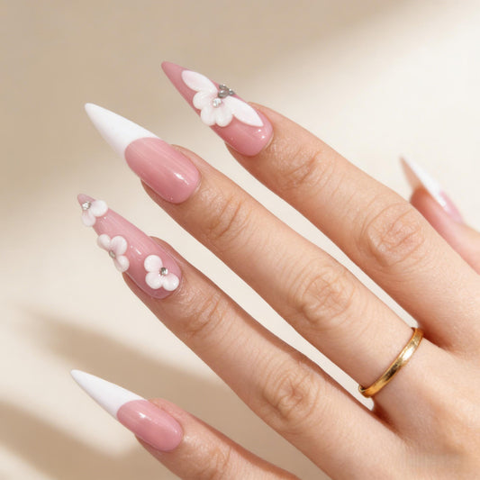 Pink White Floral Press-On Nails - Jewel Accent False Nails UK - detail view - ClouDIY UK
