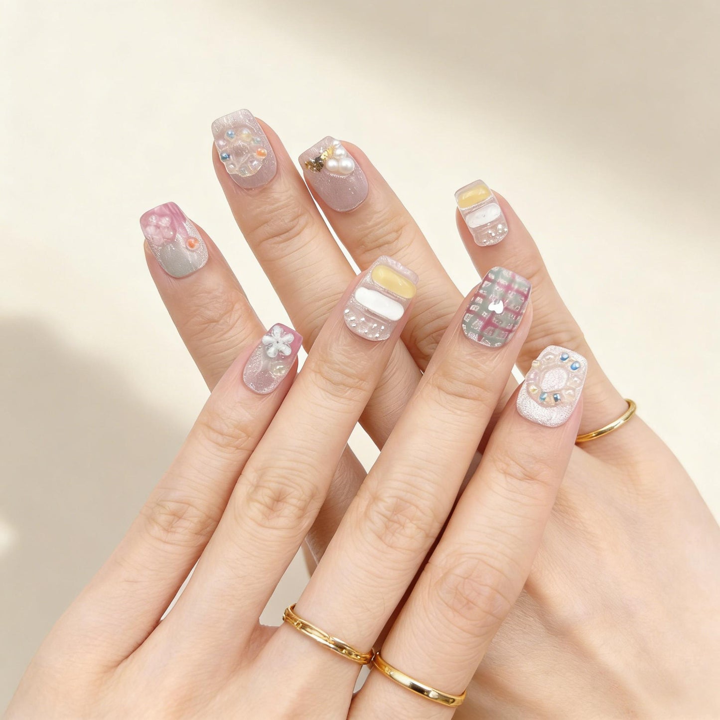 Pastel Dot Press-On Nails - Yellow Blue Red False Nails UK - detail view - ClouDIY UK