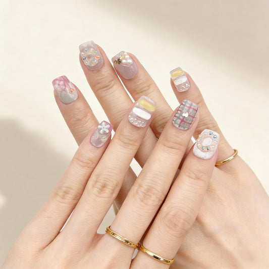 Pastel Dot Press-On Nails - Yellow Blue Red False Nails UK - detail view - ClouDIY UK