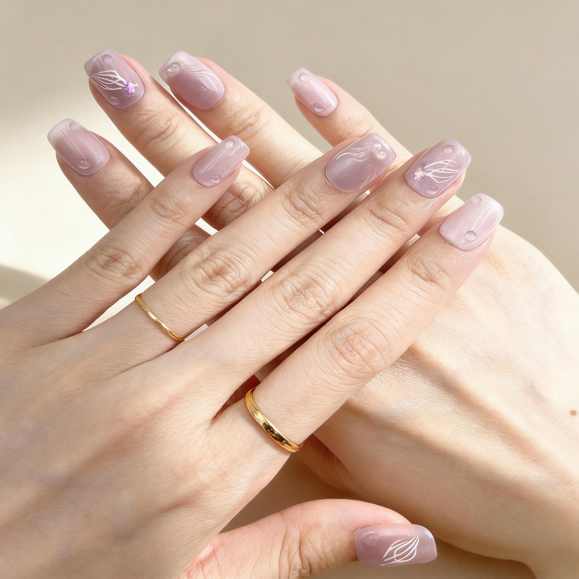 Pastel Pink Jellyfish Press-On Nails - Pearl Accent False Nails UK - close up - ClouDIY UK