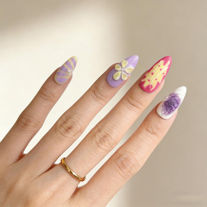 Yellow Purple Floral Press-On Nails - Pearl Accent False Nails UK - detail view - ClouDIY UK