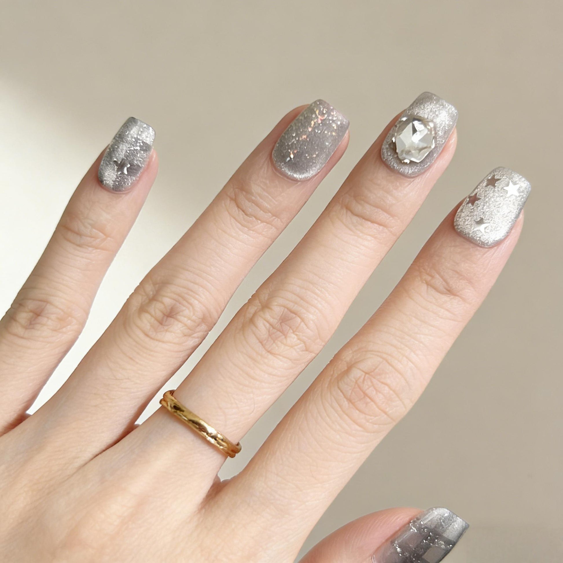 Silver Blue Check Press-On Nails - Star Gem False Nails UK - detail view - ClouDIY UK