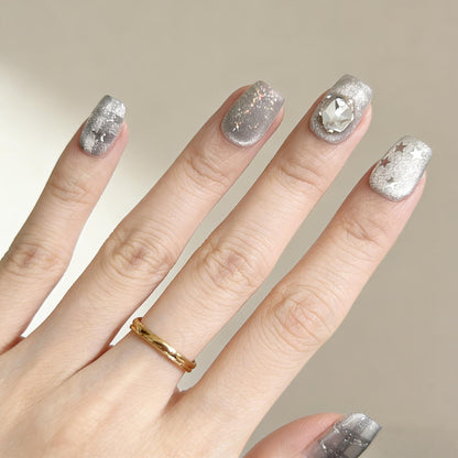 Silver Blue Check Press-On Nails - Star Gem False Nails UK - detail view - ClouDIY UK