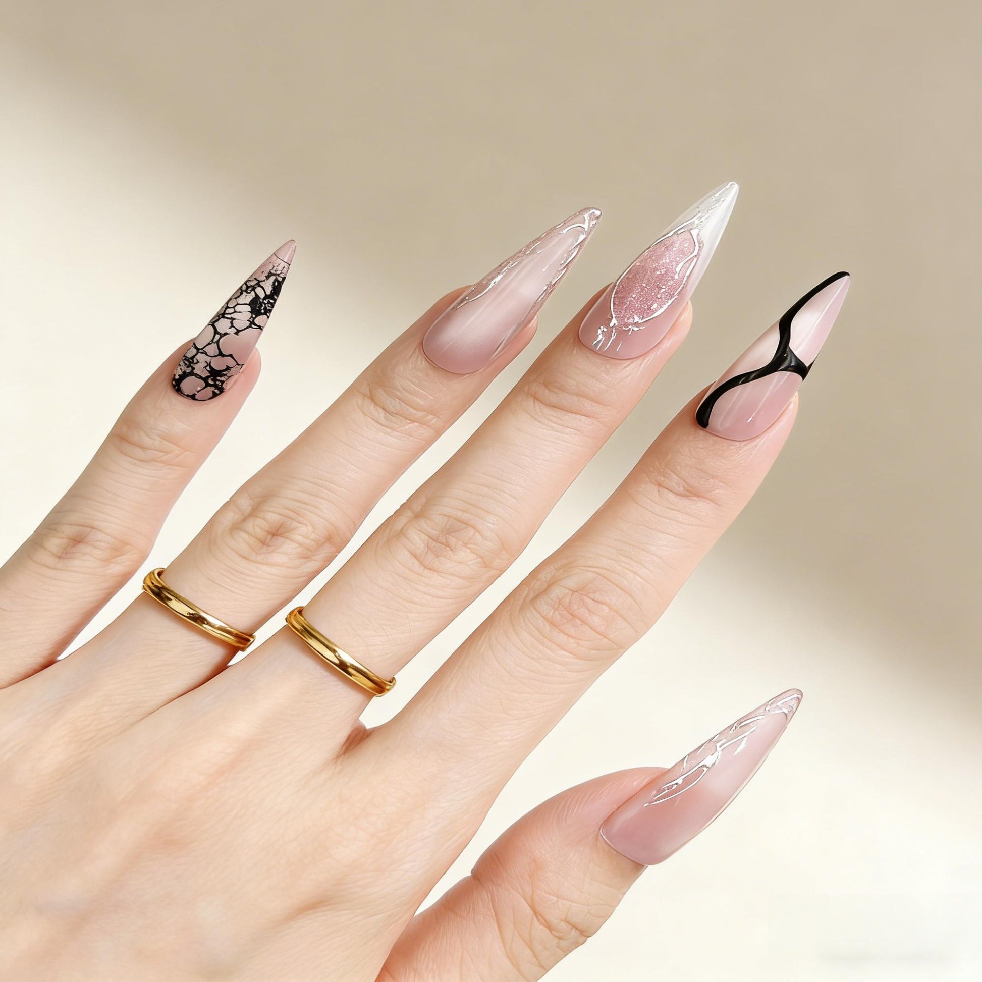 Pink Black Marble Press-On Nails - Glitter Art False Nails UK - detail view - ClouDIY UK