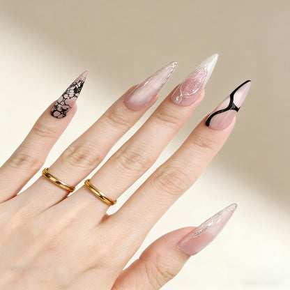 Pink Black Marble Press-On Nails - Glitter Art False Nails UK - detail view - ClouDIY UK