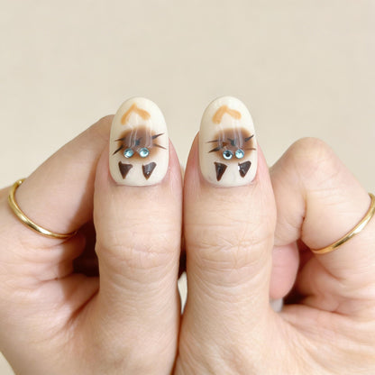 Cute Cat Press-On Nails - Brown Beige False Nails UK - detail view - ClouDIY UK