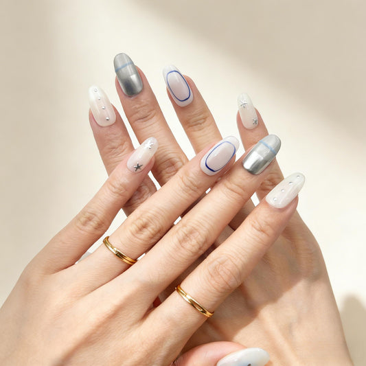 Pale Blue Star Press-On Nails - Metallic Accent False Nails - lifestyle view - ClouDIY UK