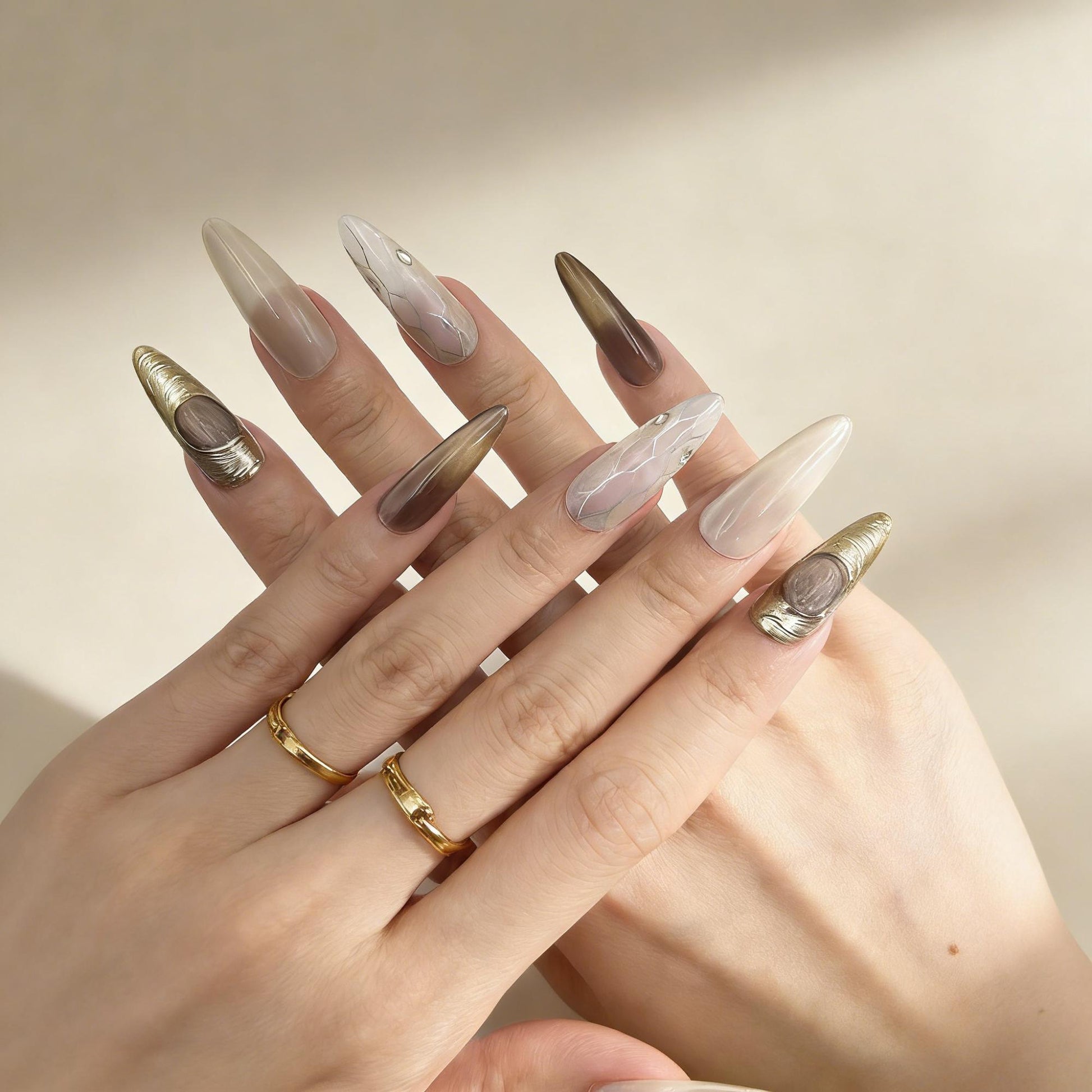 Neutral Glitter Press-On Nails - Snake Metallic False Nails UK - detail view - ClouDIY UK