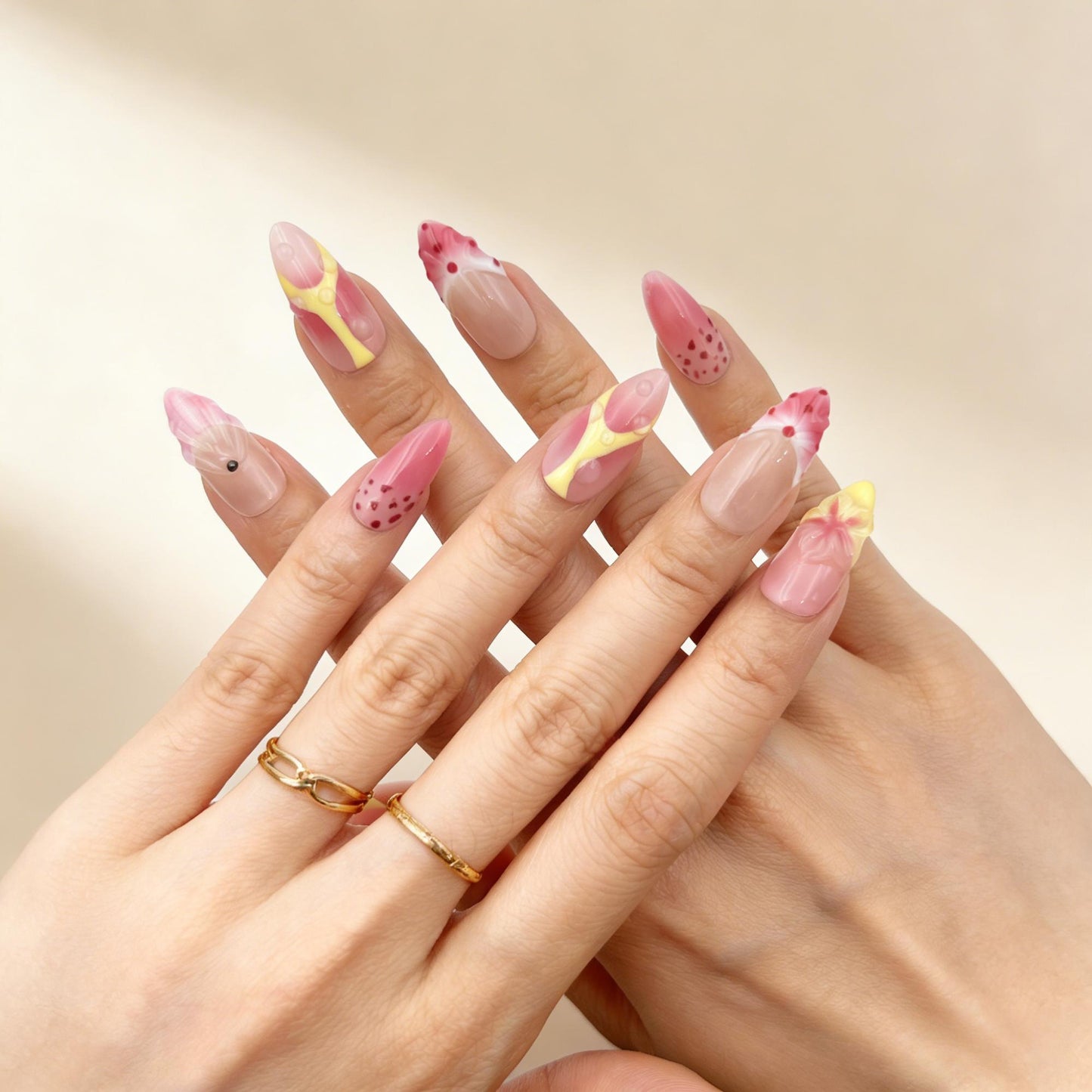 3D Floral Pink Yellow Press-On Nails - Luxury False Nails UK - close up - ClouDIY UK