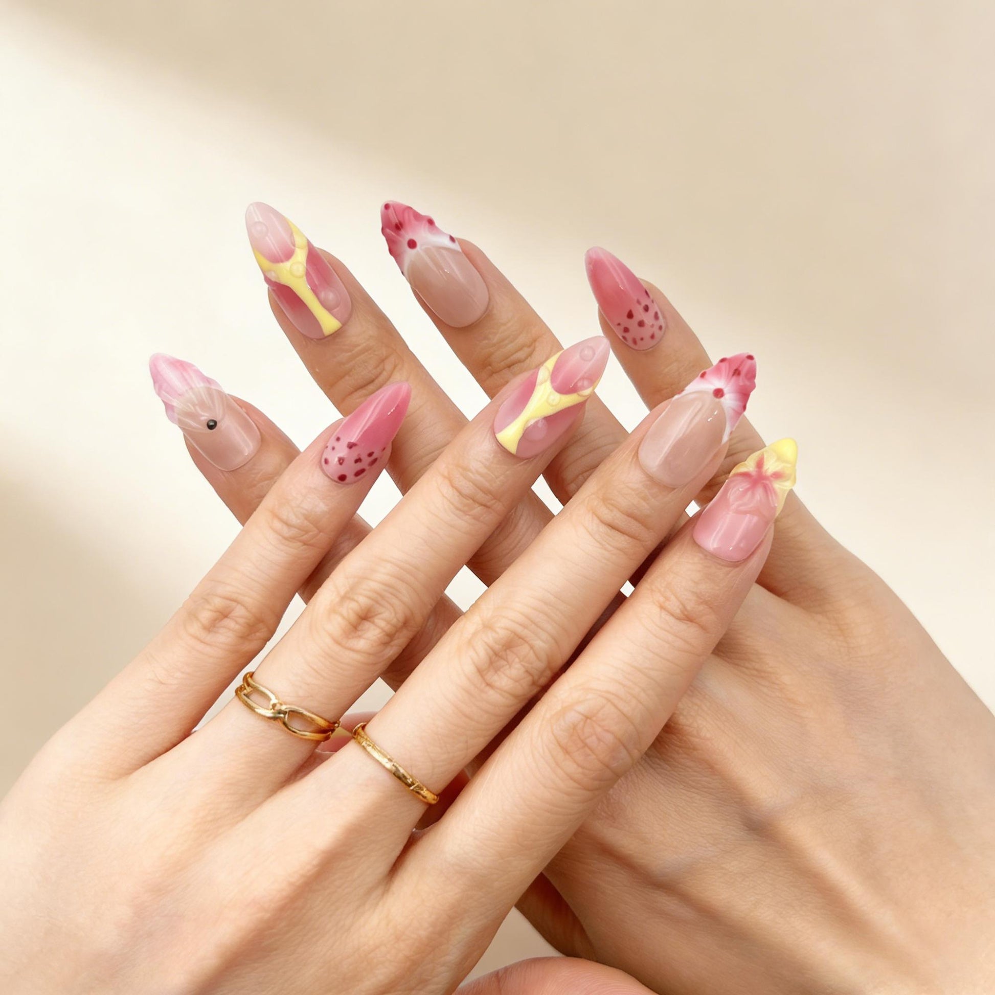 3D Floral Pink Yellow Press-On Nails - Luxury False Nails UK - close up - ClouDIY UK