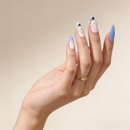 Blue Pink Floral Press-On Nails - Pearl Star Glitter Nails UK - lifestyle view - ClouDIY UK