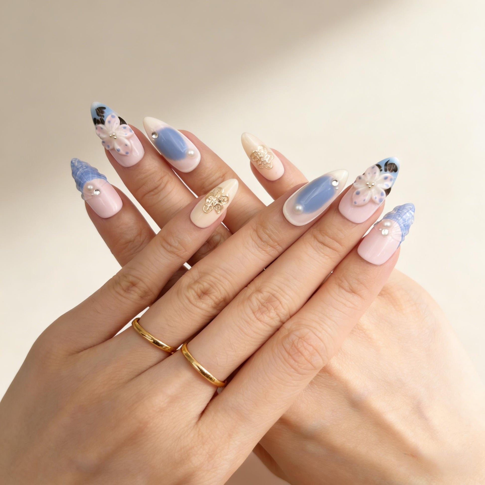 Blue Pink Floral Press-On Nails - Pearl Star Glitter Nails UK - detail view - ClouDIY UK