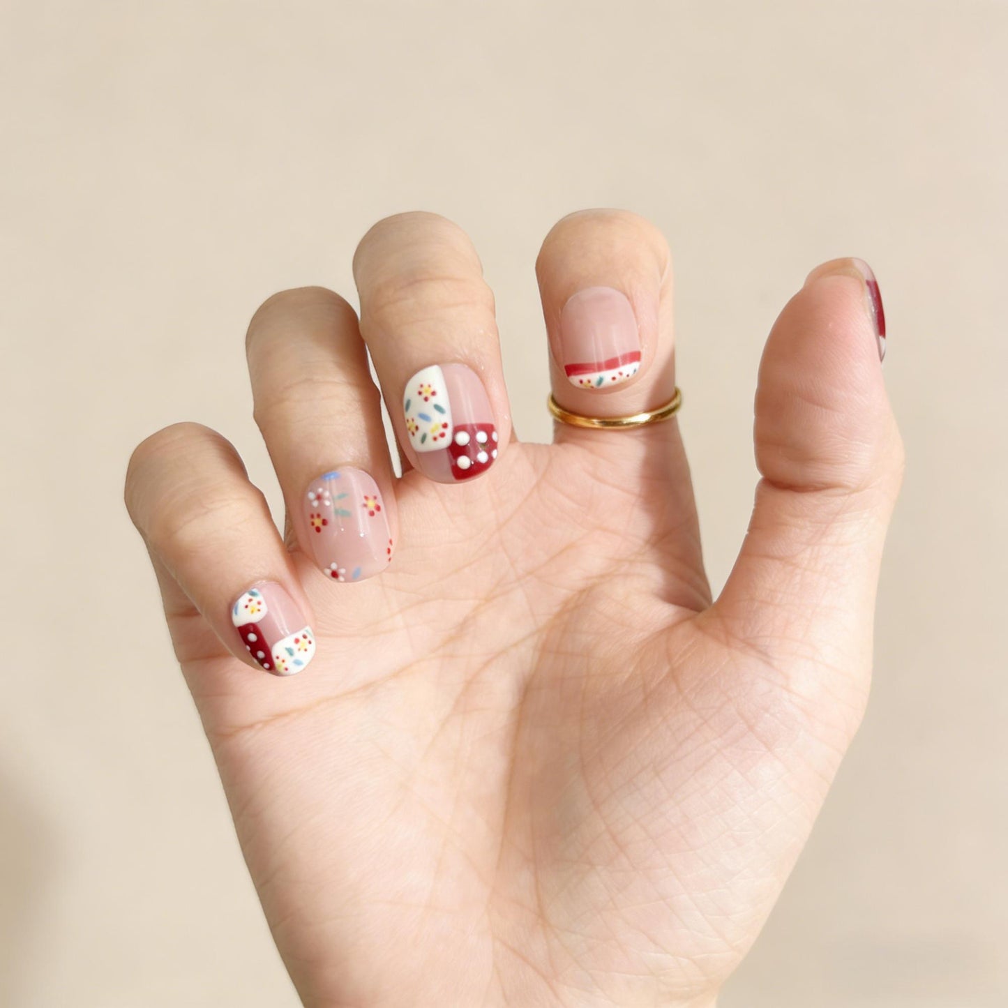 Beige Red Floral Press-On Nails - Polka Dot Art False Nails UK - close up - ClouDIY UK