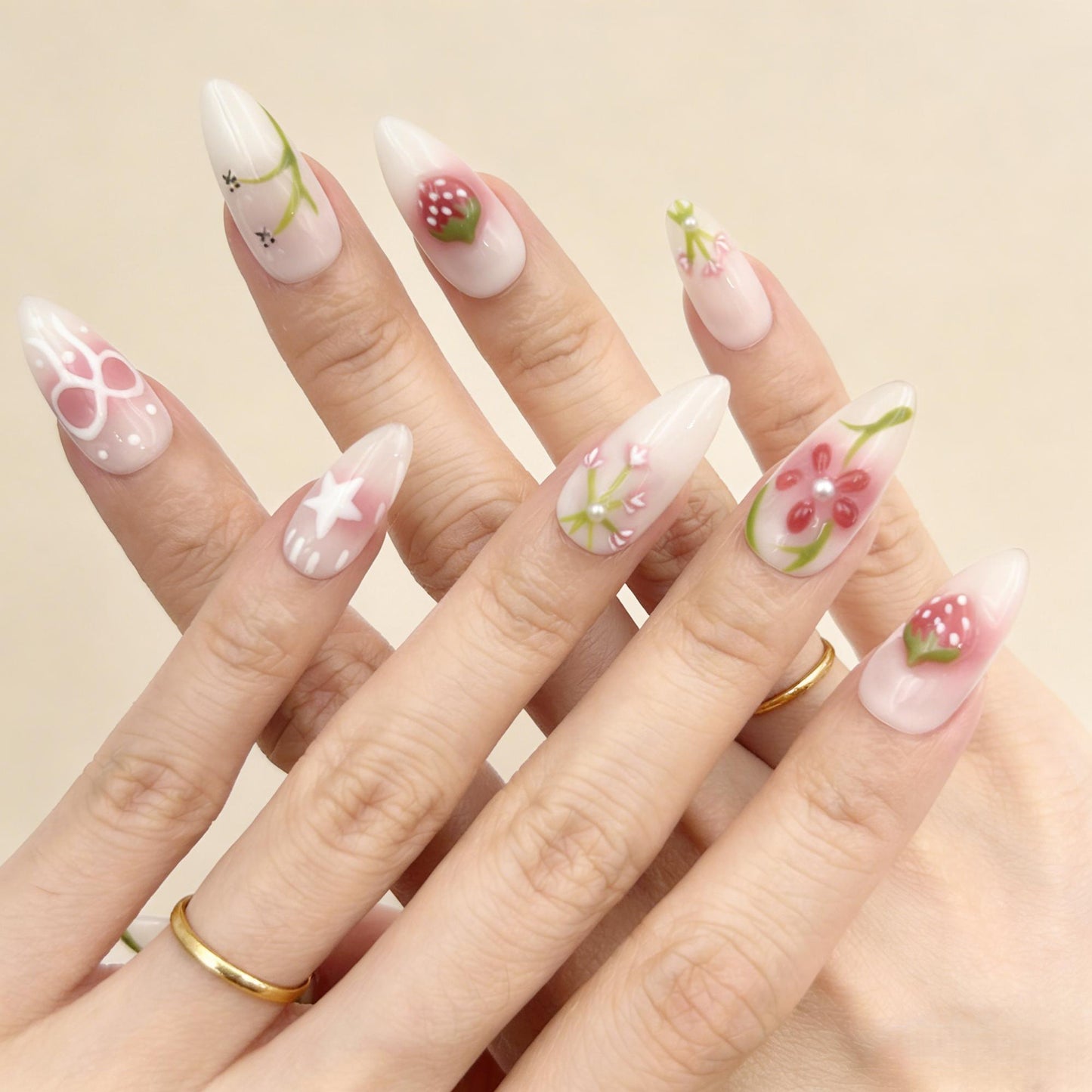 White Pink Floral Press-On Nails - Strawberry Art False Nails UK - close up - ClouDIY UK