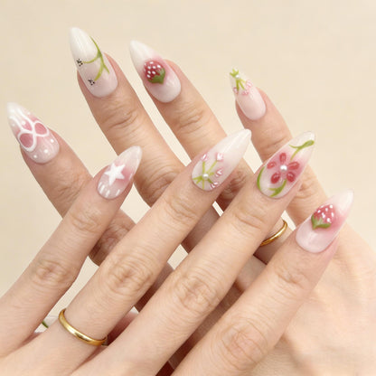 White Pink Floral Press-On Nails - Strawberry Art False Nails UK - close up - ClouDIY UK