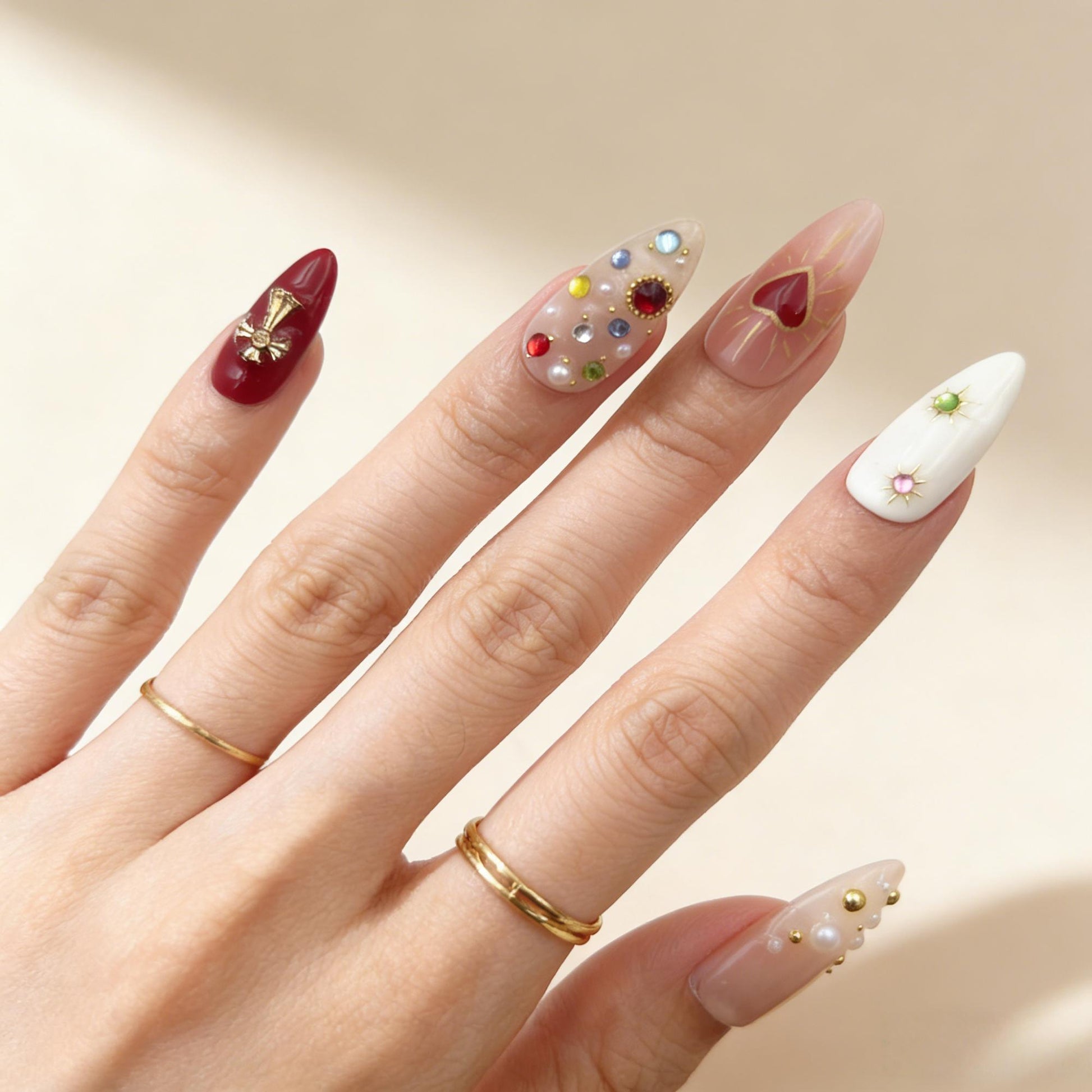 Nude Red Heart Press-On Nails - Jewel Cross False Nails UK - lifestyle view - ClouDIY UK
