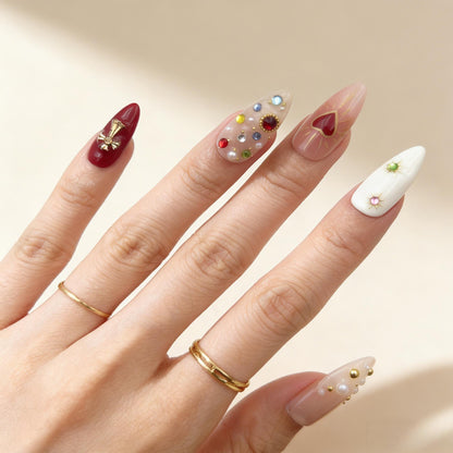 Nude Red Heart Press-On Nails - Jewel Cross False Nails UK - lifestyle view - ClouDIY UK