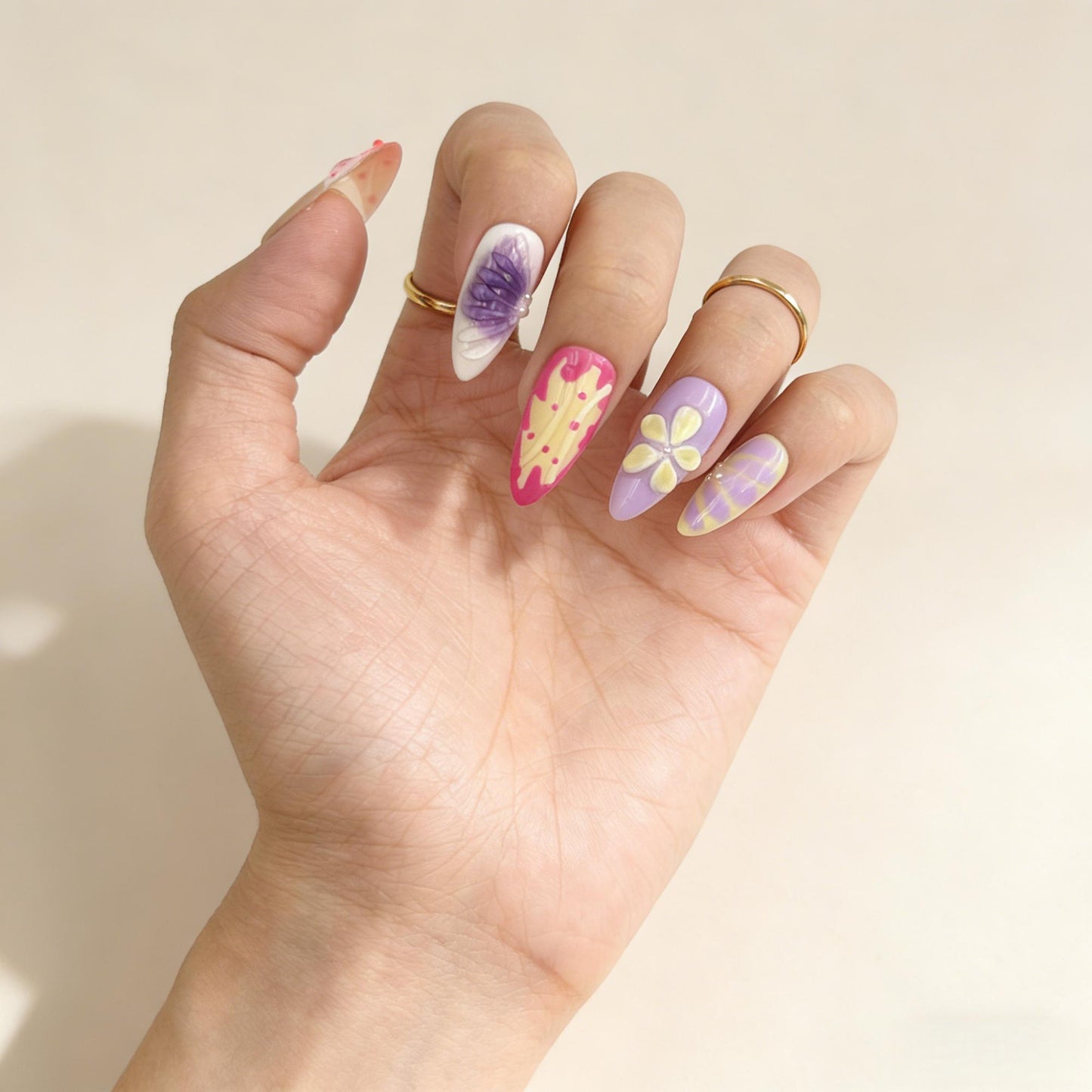 Yellow Purple Floral Press-On Nails - Pearl Accent False Nails UK - close up - ClouDIY UK