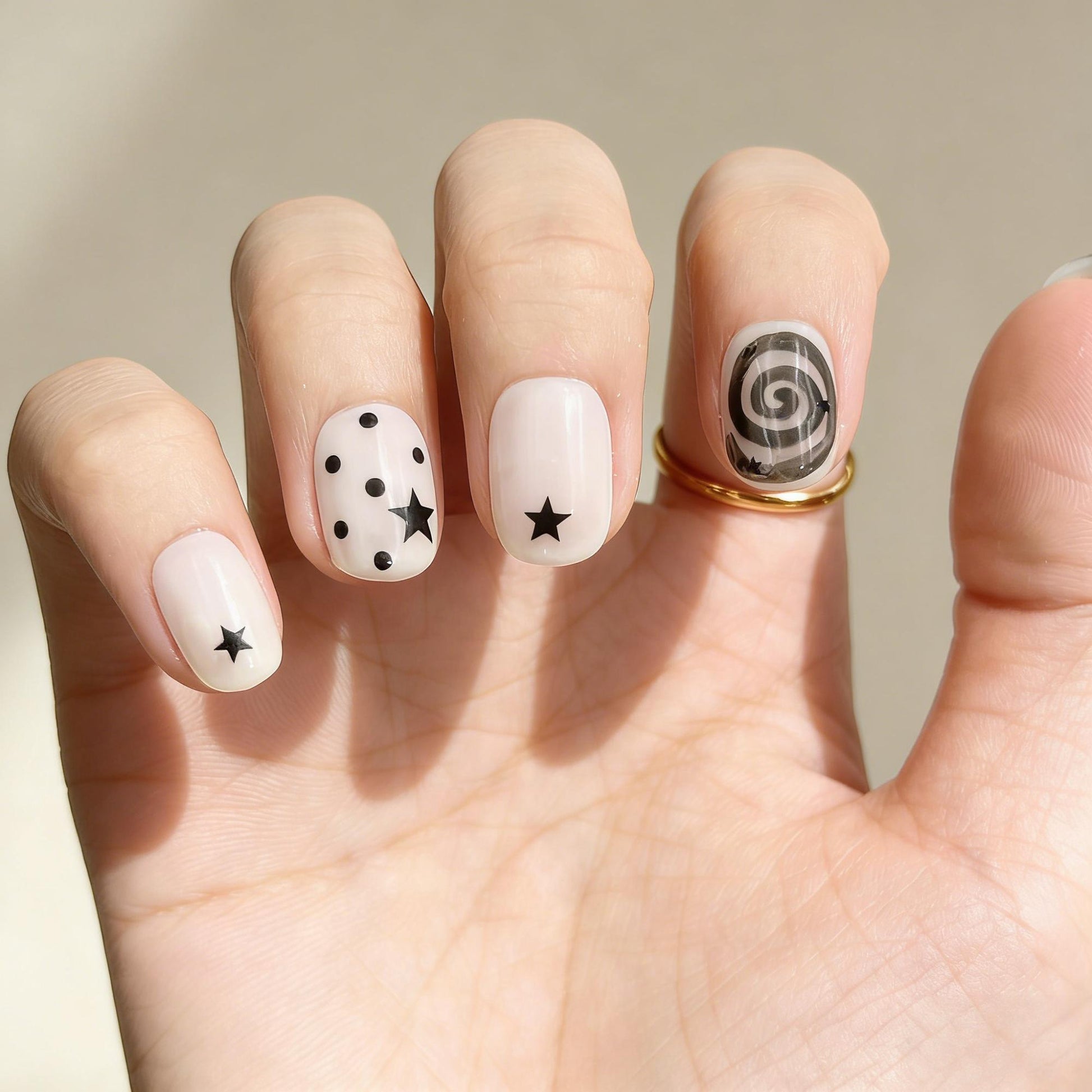 Black White Star Press-On Nails - Swirl Dot False Nails UK - close up - ClouDIY UK