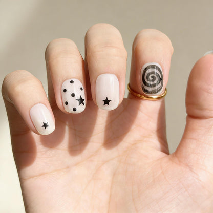 Black White Star Press-On Nails - Swirl Dot False Nails UK - close up - ClouDIY UK