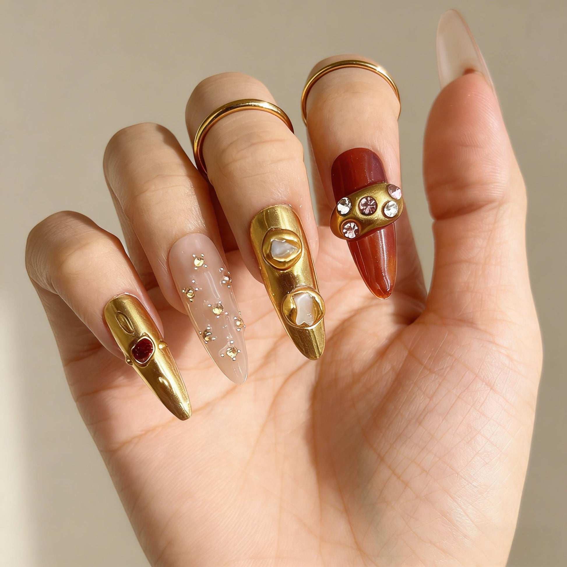 Nude Gold Gem Press-On Nails - Pearl Accent False Nails UK - close up - ClouDIY UK
