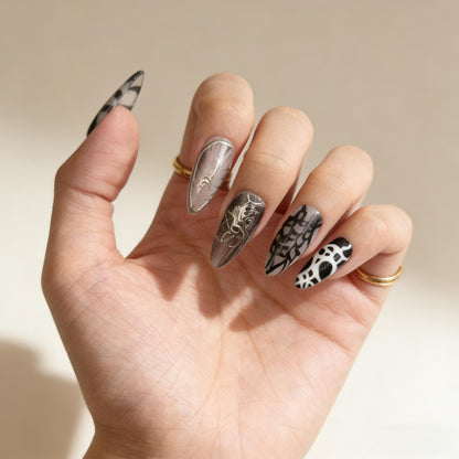 Black White Marble Press-On Nails - Silver Art False Nails UK - detail view - ClouDIY UK