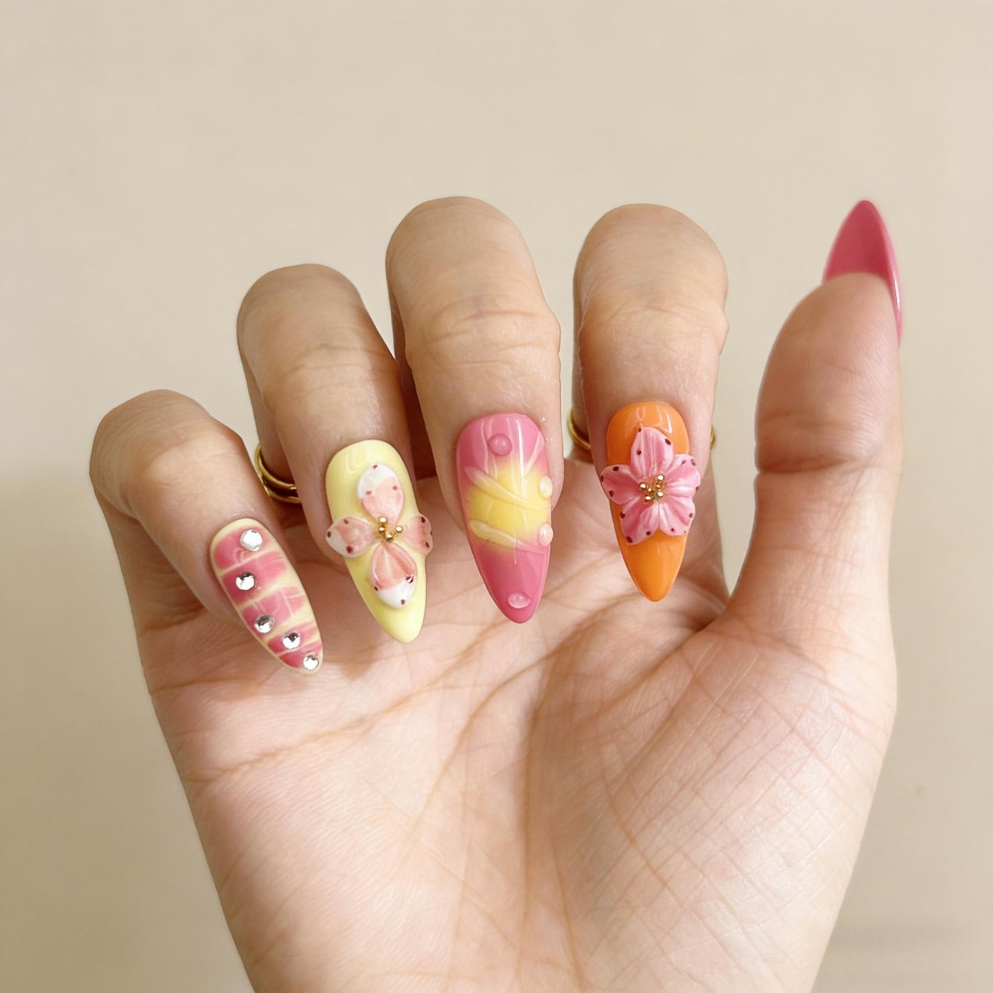 Neon Pink Yellow Press-On Nails - Floral Jewel False Nails UK - close up - ClouDIY UK