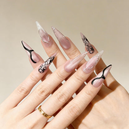 Pink Black Marble Press-On Nails - Glitter Art False Nails UK - close up - ClouDIY UK