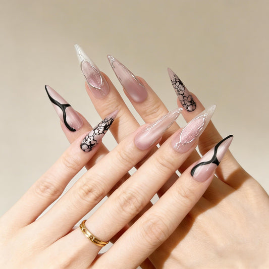 Pink Black Marble Press-On Nails - Glitter Art False Nails UK - close up - ClouDIY UK