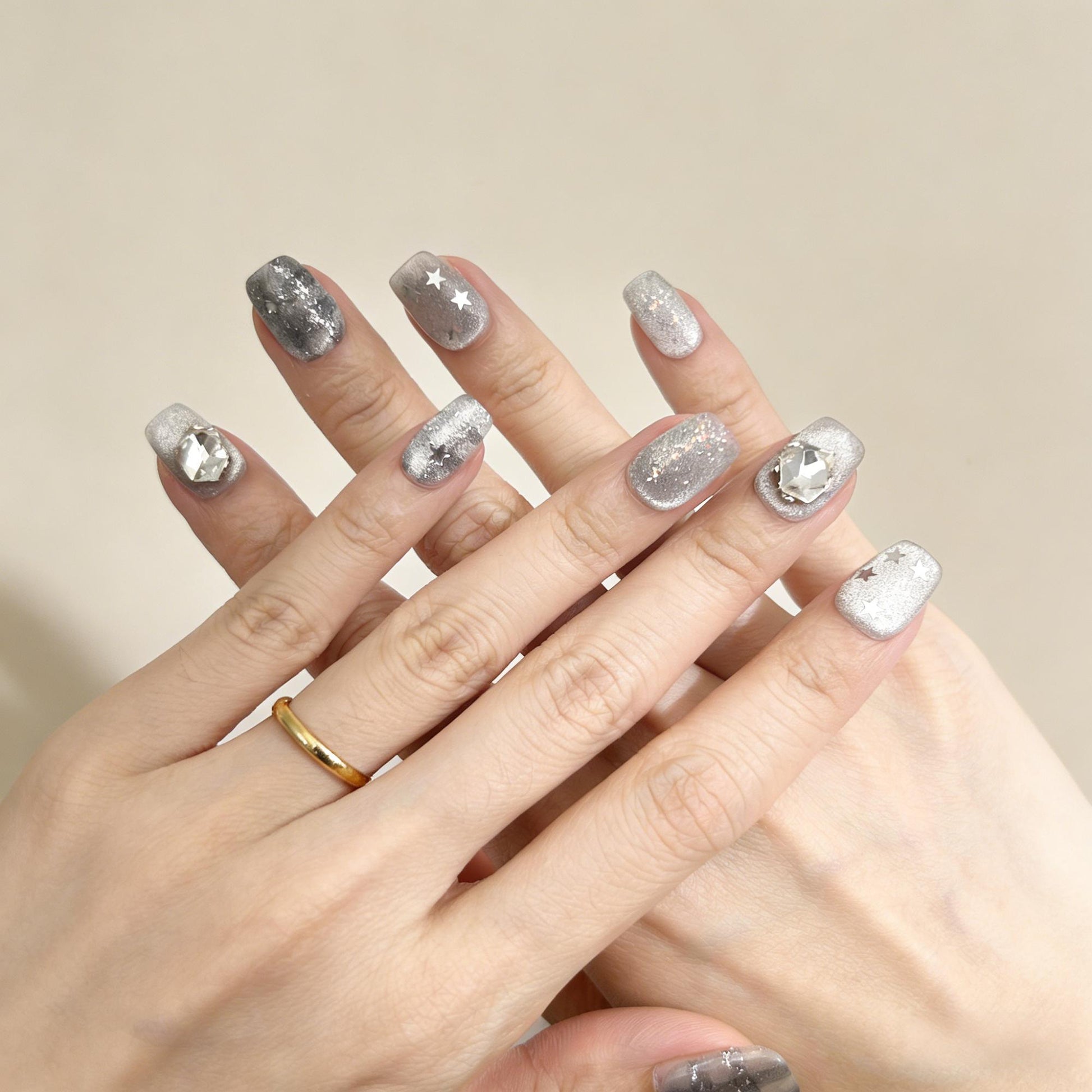 Silver Blue Check Press-On Nails - Star Gem False Nails UK - close up - ClouDIY UK
