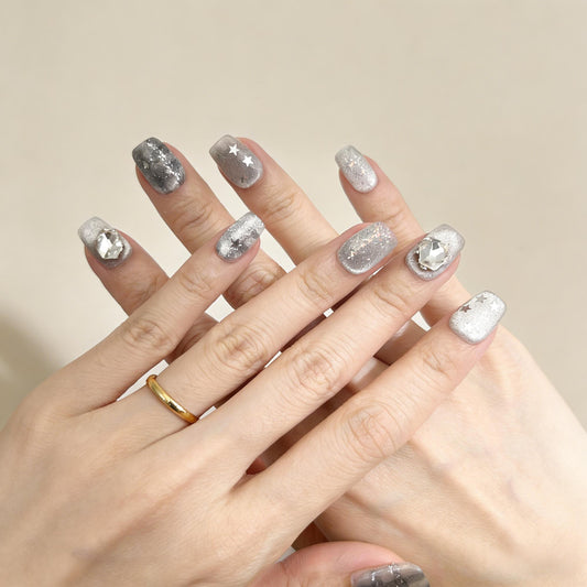 Silver Blue Check Press-On Nails - Star Gem False Nails UK - close up - ClouDIY UK