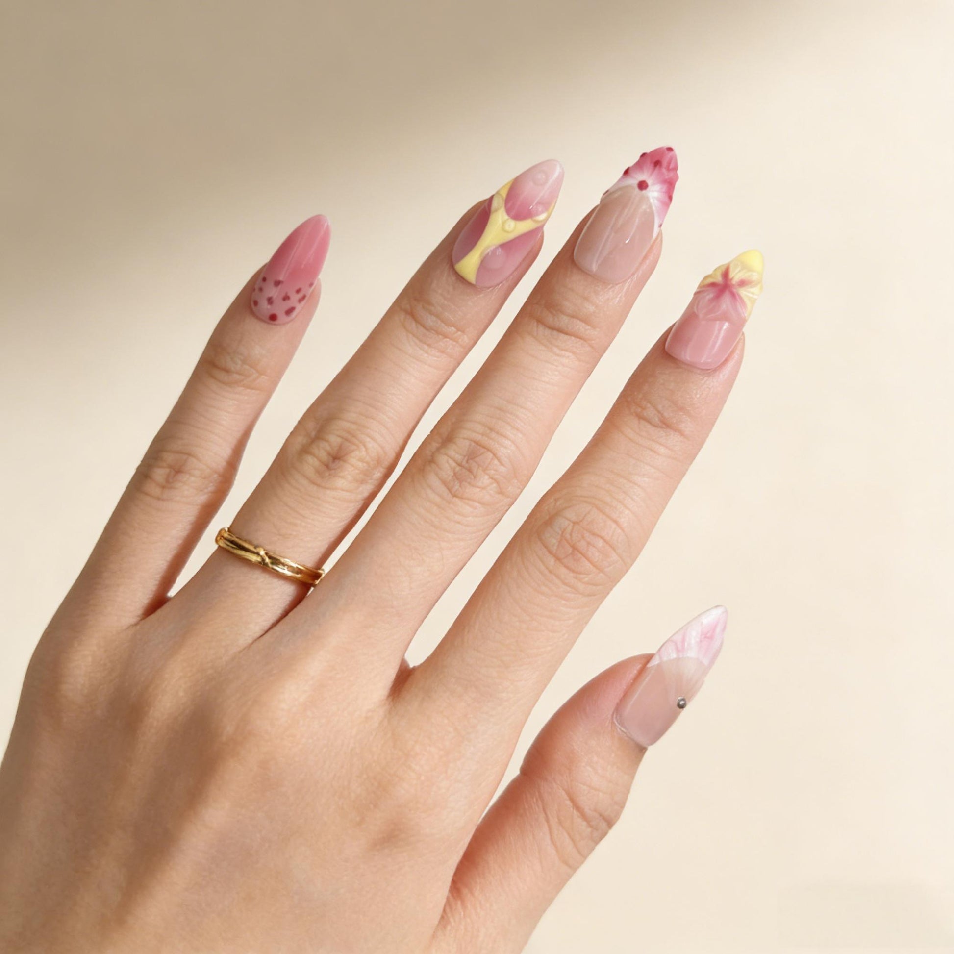3D Floral Pink Yellow Press-On Nails - Luxury False Nails UK - side view - ClouDIY UK