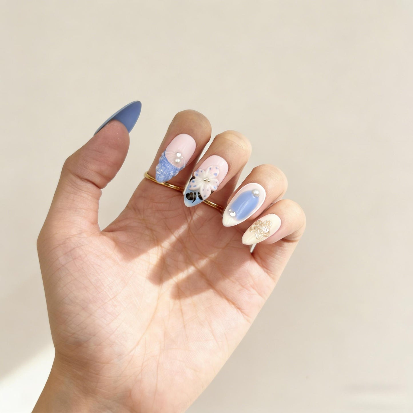 Blue Pink Floral Press-On Nails - Pearl Star Glitter Nails UK - close up - ClouDIY UK