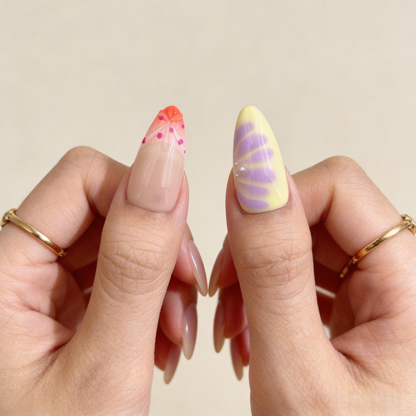 Yellow Purple Floral Press-On Nails - Pearl Accent False Nails UK - side view - ClouDIY UK