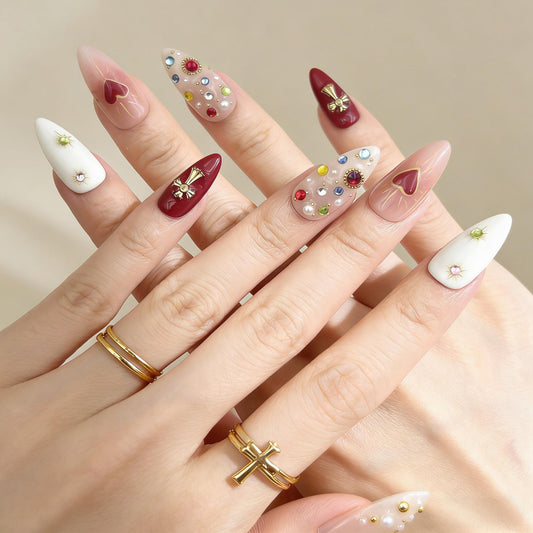 Nude Red Heart Press-On Nails - Jewel Cross False Nails UK - detail view - ClouDIY UK