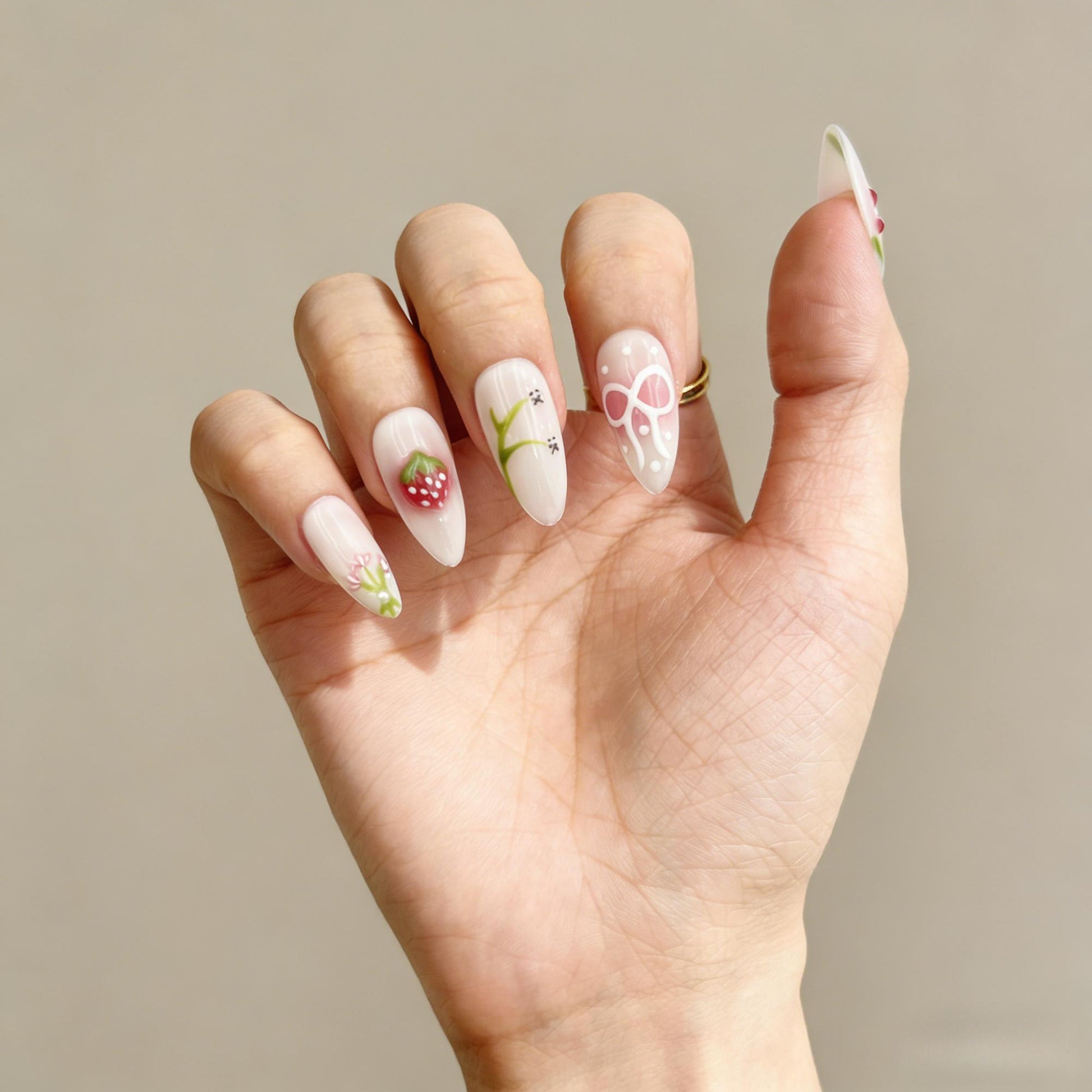 White Pink Floral Press-On Nails - Strawberry Art False Nails UK - side view - ClouDIY UK