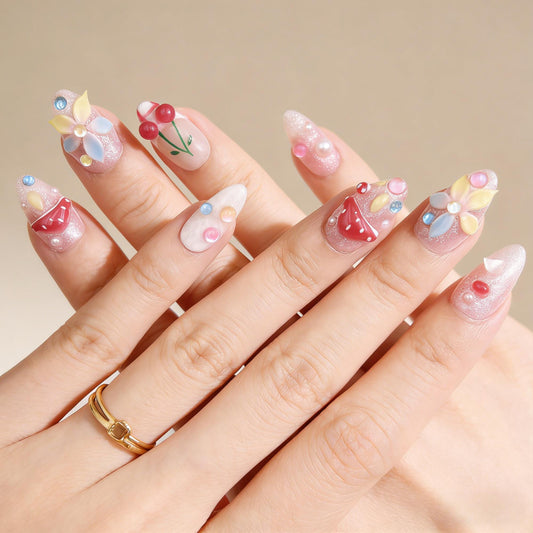 Mushroom Cherry Press-On Nails - Multi-Colour Gem False Nails - lifestyle view - ClouDIY UK