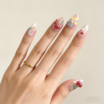 Mushroom Cherry Press-On Nails - Multi-Colour Gem False Nails - detail view - ClouDIY UK