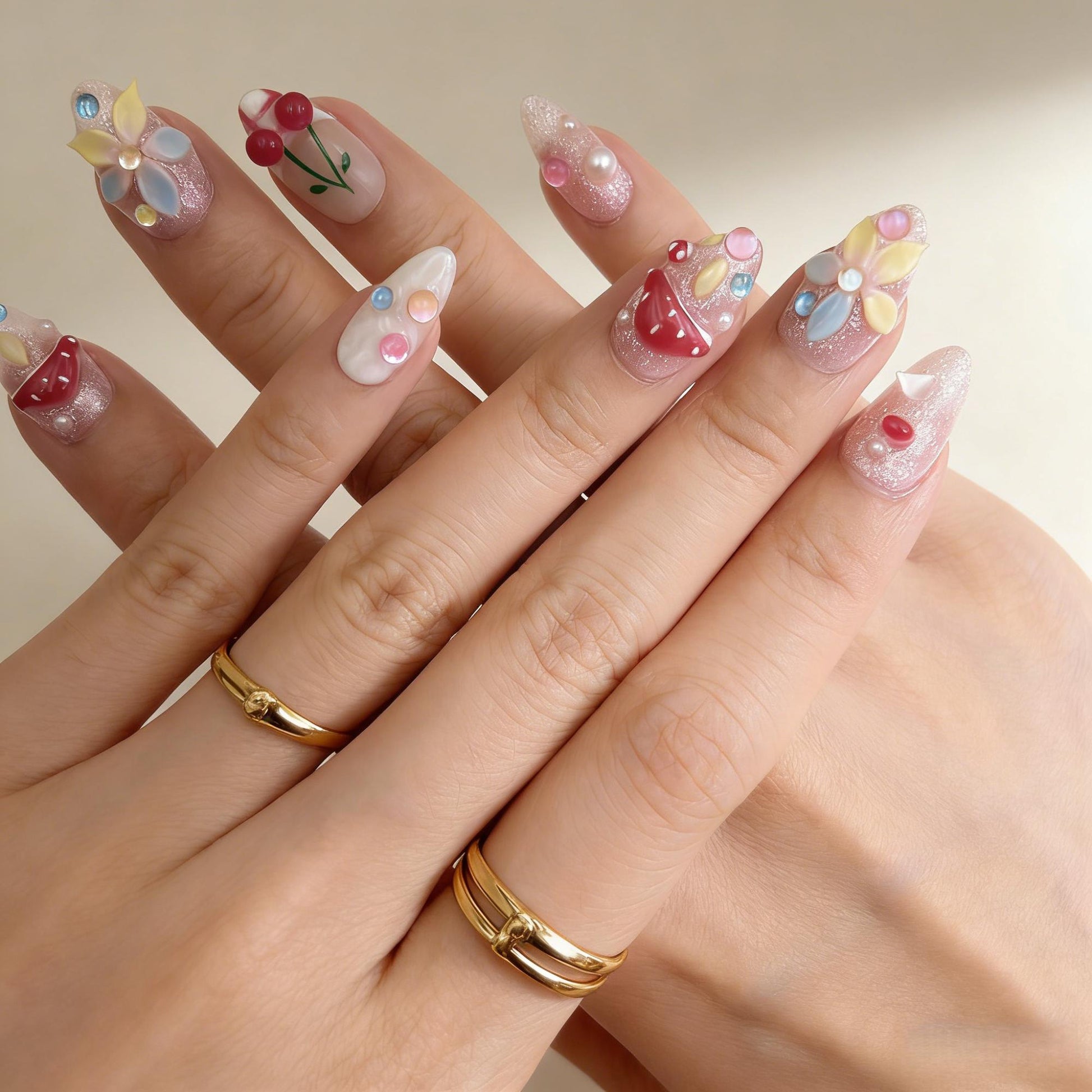 Mushroom Cherry Press-On Nails - Multi-Colour Gem False Nails - close up - ClouDIY UK