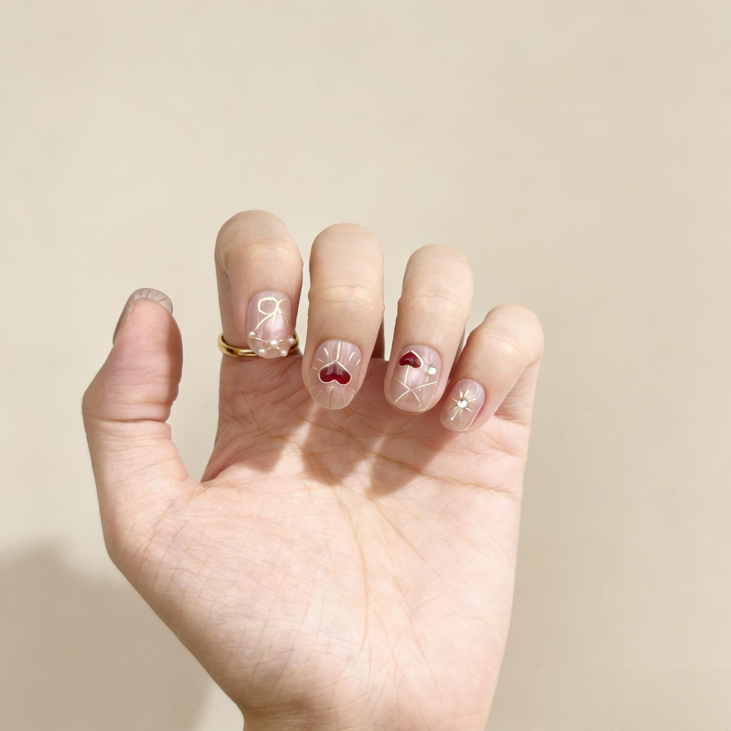 Blush Red Heart Press-On Nails - Gold Line False Nails UK - detail view - ClouDIY UK