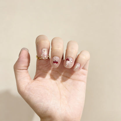 Blush Red Heart Press-On Nails - Gold Line False Nails UK - detail view - ClouDIY UK