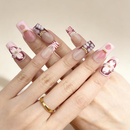 Red White Floral Press-On Nails - Glitter Gold Accent Nails UK - close up - ClouDIY UK