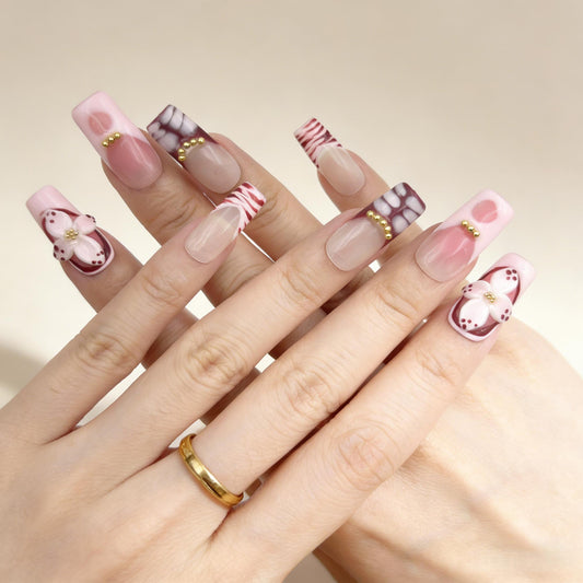 Red White Floral Press-On Nails - Glitter Gold Accent Nails UK - close up - ClouDIY UK
