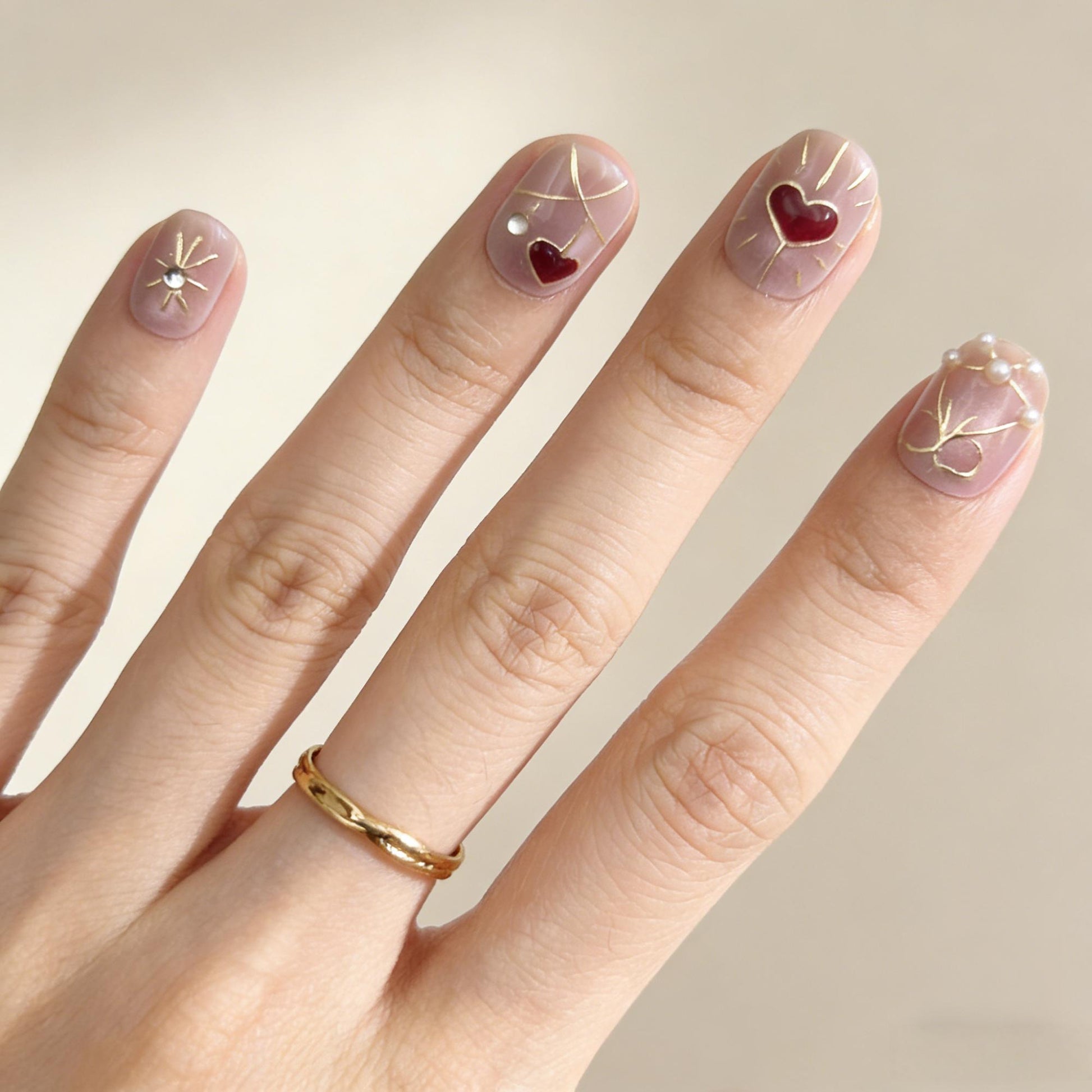 Blush Red Heart Press-On Nails - Gold Line False Nails UK - close up - ClouDIY UK