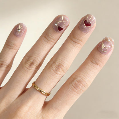 Blush Red Heart Press-On Nails - Gold Line False Nails UK - close up - ClouDIY UK