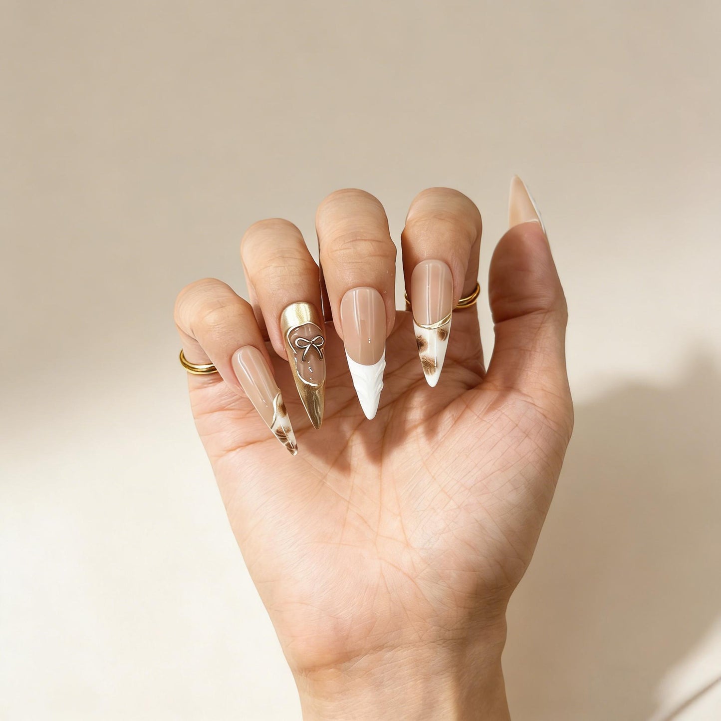 Gold Glitter Press-On Nails - Heart Art False Nails UK - side view - ClouDIY UK
