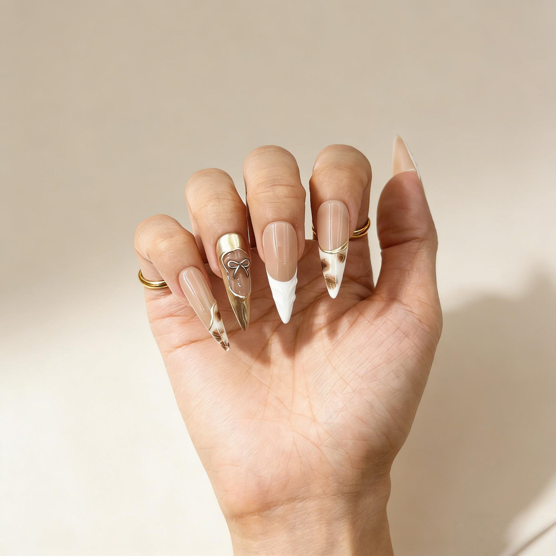 Gold Glitter Press-On Nails - Heart Art False Nails UK - side view - ClouDIY UK
