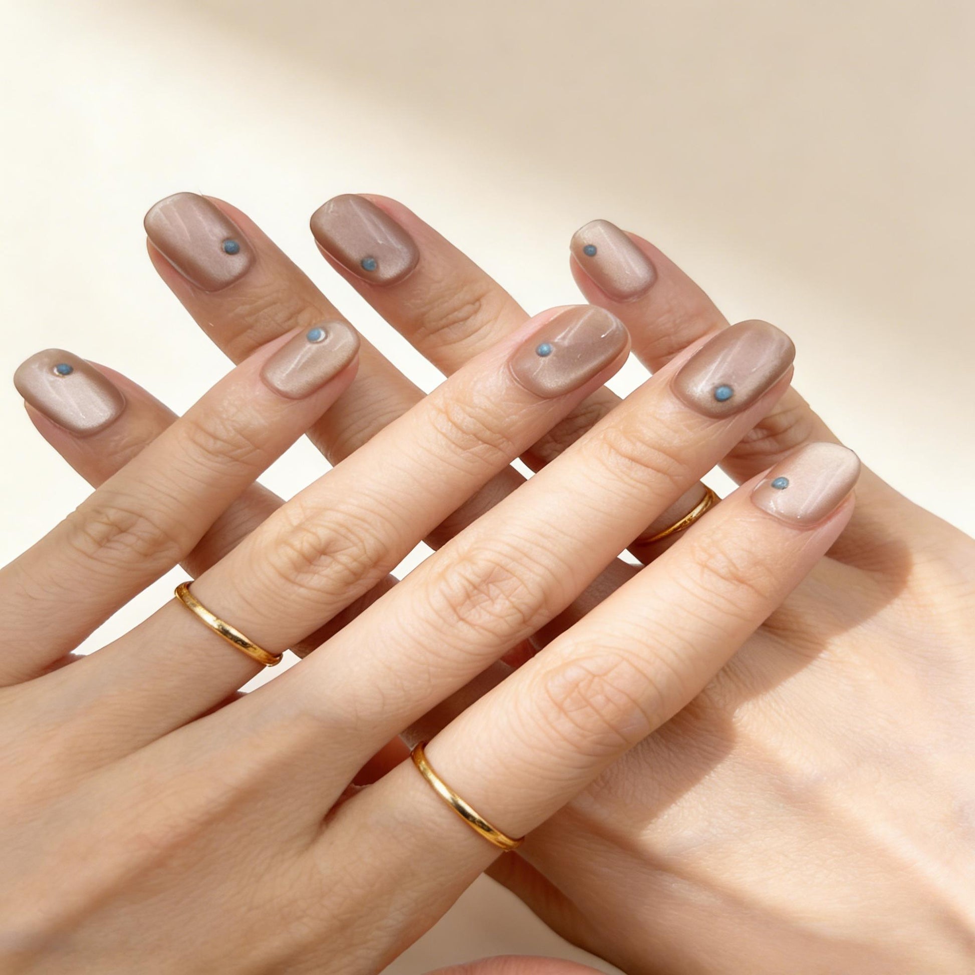 Champagne Blue Dot Press-On Nails - Minimalist False Nails UK - close up - ClouDIY UK