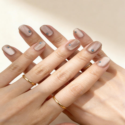 Champagne Blue Dot Press-On Nails - Minimalist False Nails UK - close up - ClouDIY UK