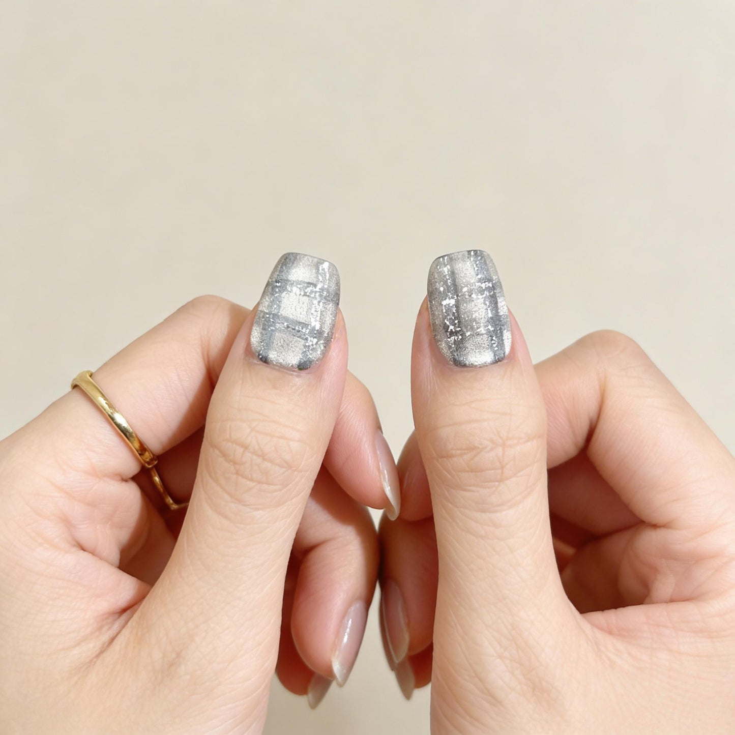 Silver Blue Check Press-On Nails - Star Gem False Nails UK - side view - ClouDIY UK